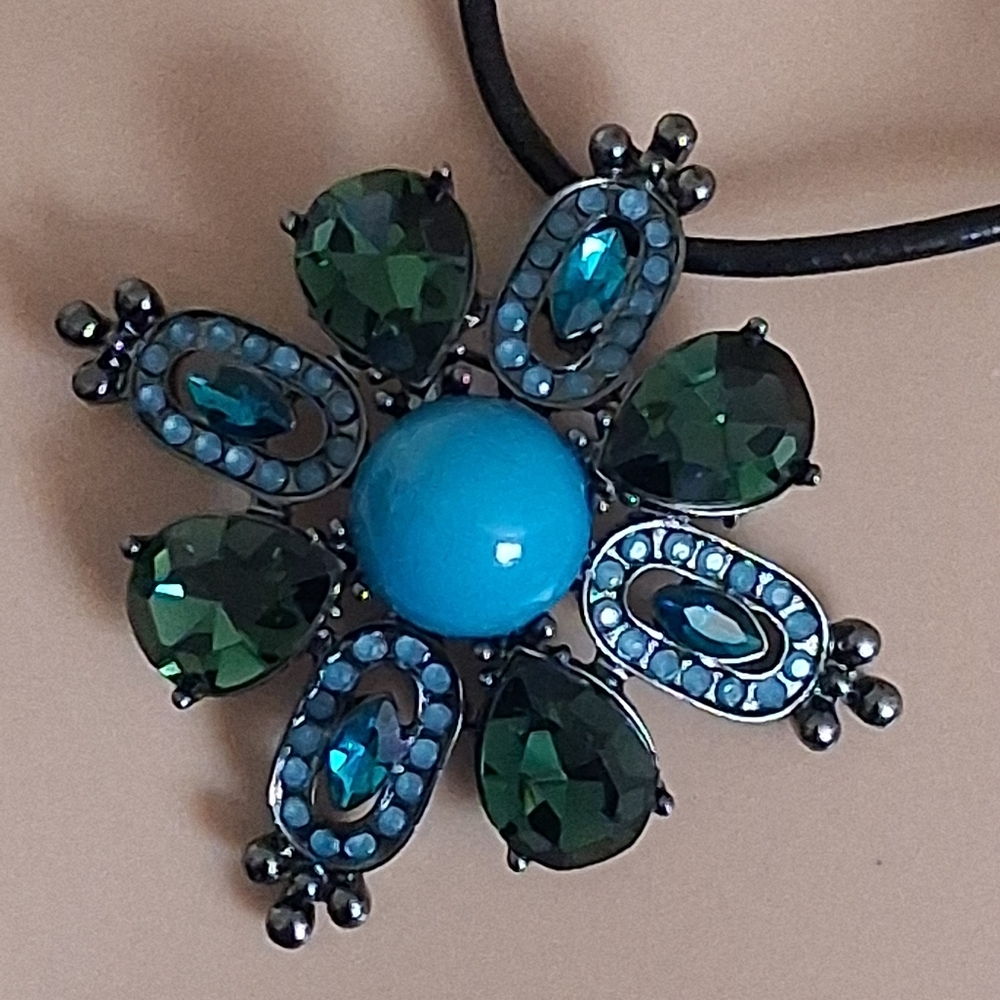 Lia Sophia Blue and Green Pendant Necklace On Black Cord - Picture 2 of 11